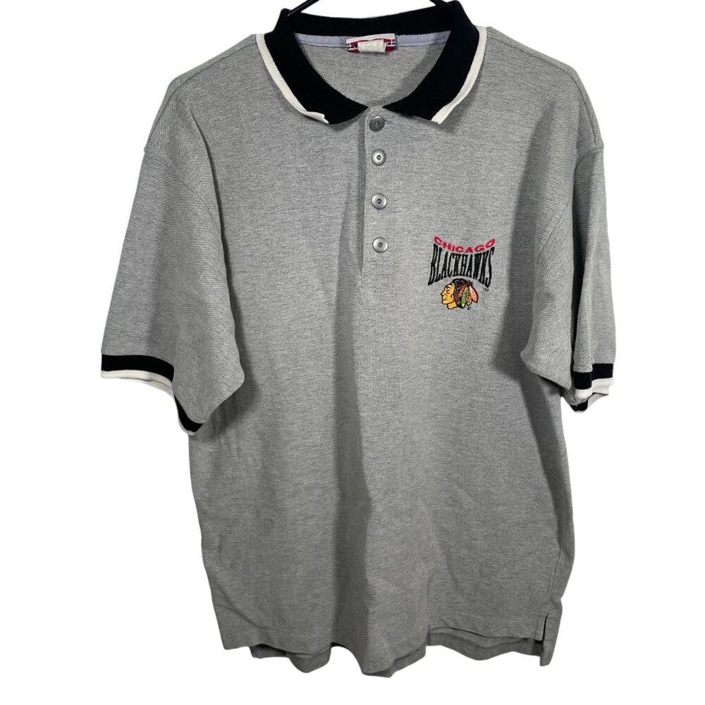 Vtg Chicago Blackhawks Polo Shirt Mens Large Brandon Sportswear NHL Hockey Gray